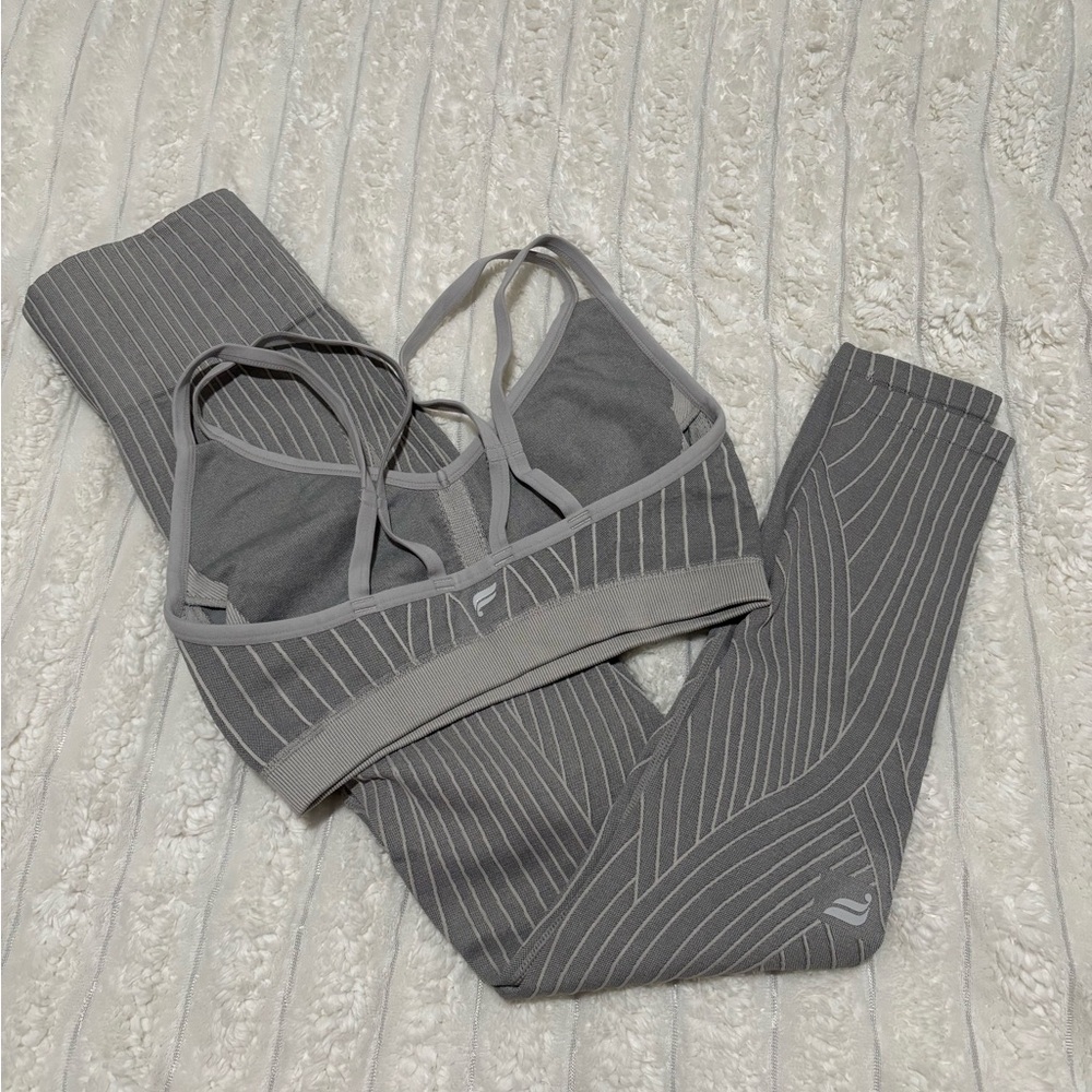 Fabletics Gray Striped Leggings and Sports Bra Set